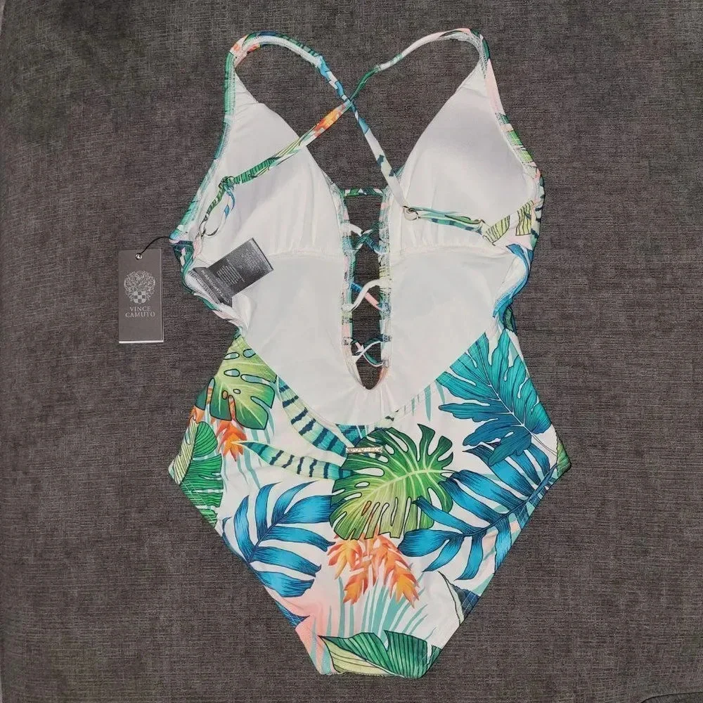 Vince Camuto Women' Strappy white floral Plunging V-Neck One Piece Swims…